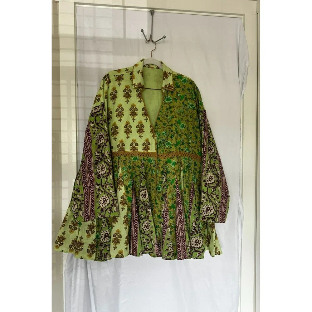 Free People Boho Patchwork Print Babydoll Tunic Top Size XS